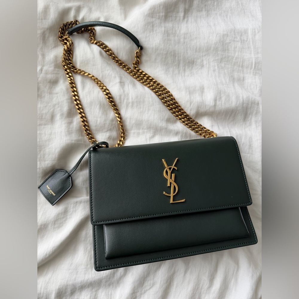 SAINT LAURENT GREEN LEATHER 'SUNSET' MEDIUM CROSSBODY BAG